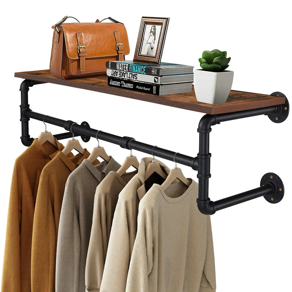 Garment Rack Wall Mounted Industrial Pipe Shelving Floating Clothing Display – Brown