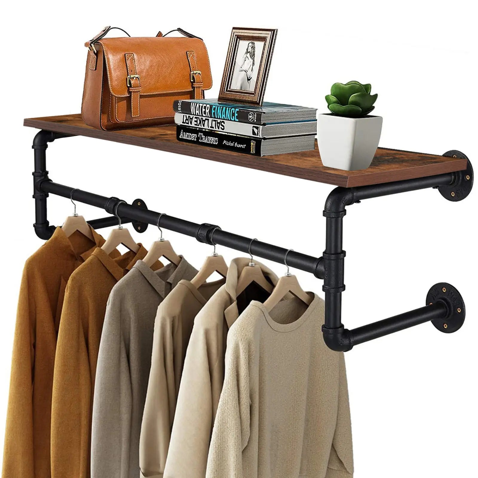 Garment Rack Wall Mounted Industrial Pipe Shelving Floating Clothing Display – Brown