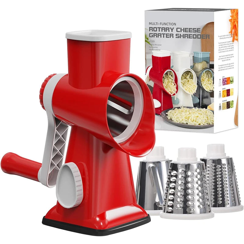 3-in-1 Rotary Cheese Grater with Manual Handle and Interchangeable Drums – Red