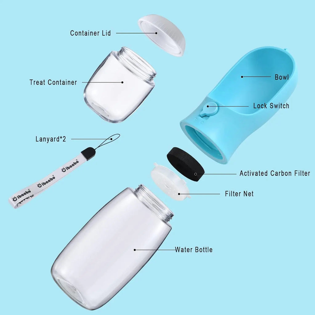 Pet Water Bottle 2 in 1 Portable Water Dispenser with Treat Container - White