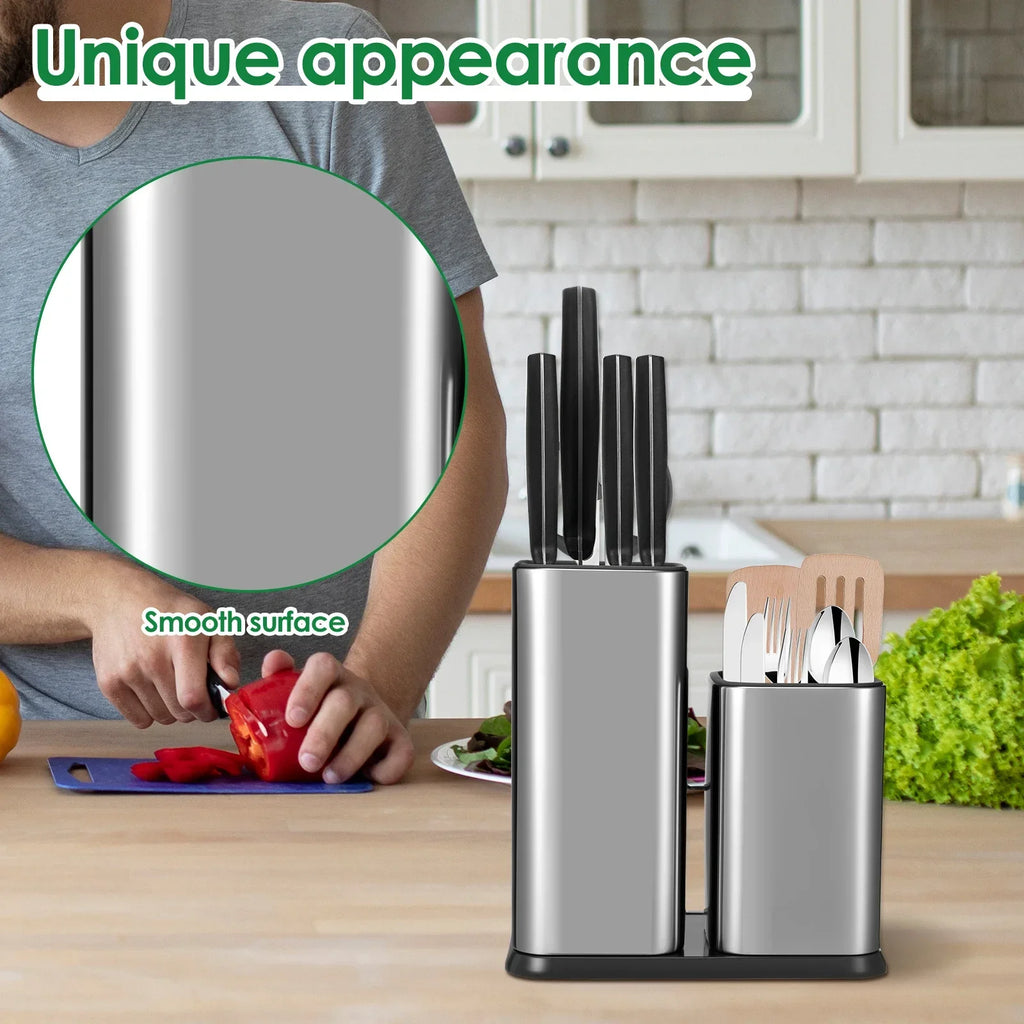 Knife and Utensil Holder 22 cm Stainless Steel Countertop Cutlery Organiser with Removable Sections