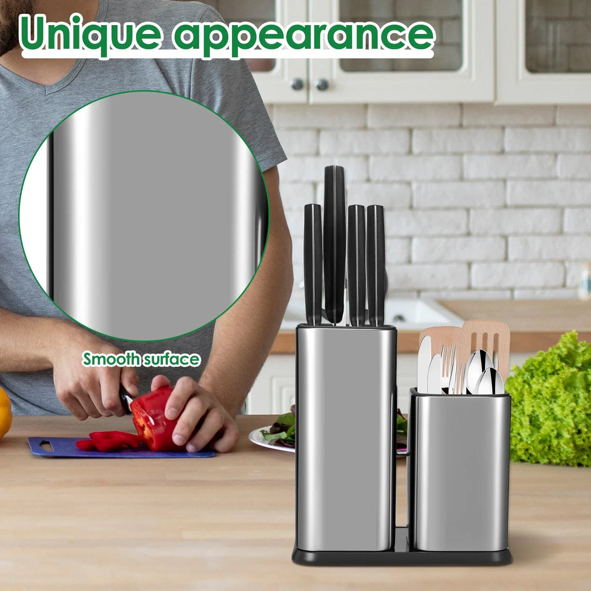 Knife and Utensil Holder 22 cm Stainless Steel Countertop Cutlery Organiser with Removable Sections