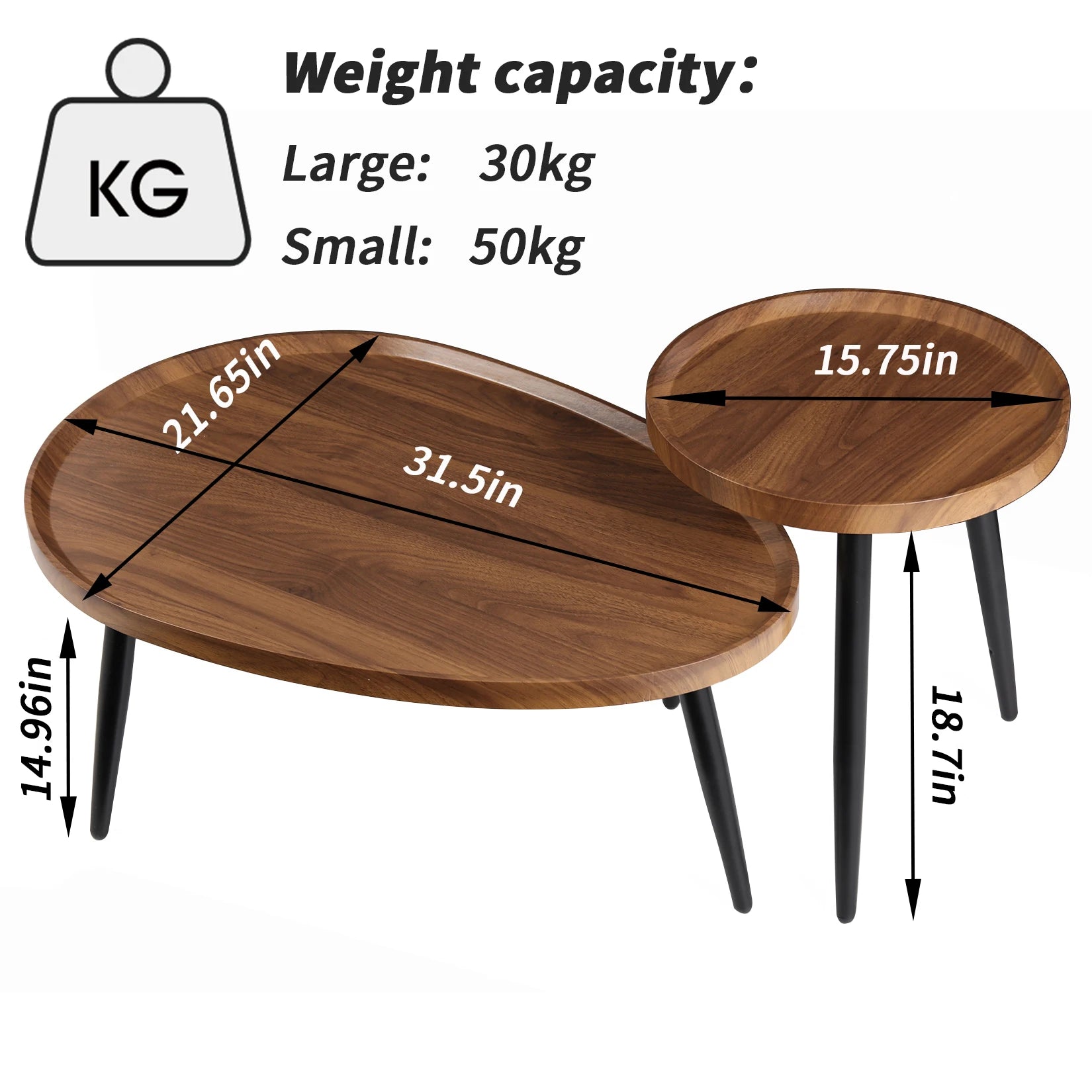 Set of 2 Nesting Coffee Tables Round Rustic Side Tables with Wood Top and Metal Legs – Chocolate