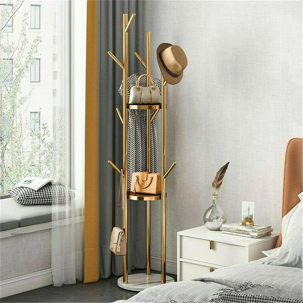 Coat Rack Stand with Shelves and 9 Hooks Freestanding Hall Tree - Gold