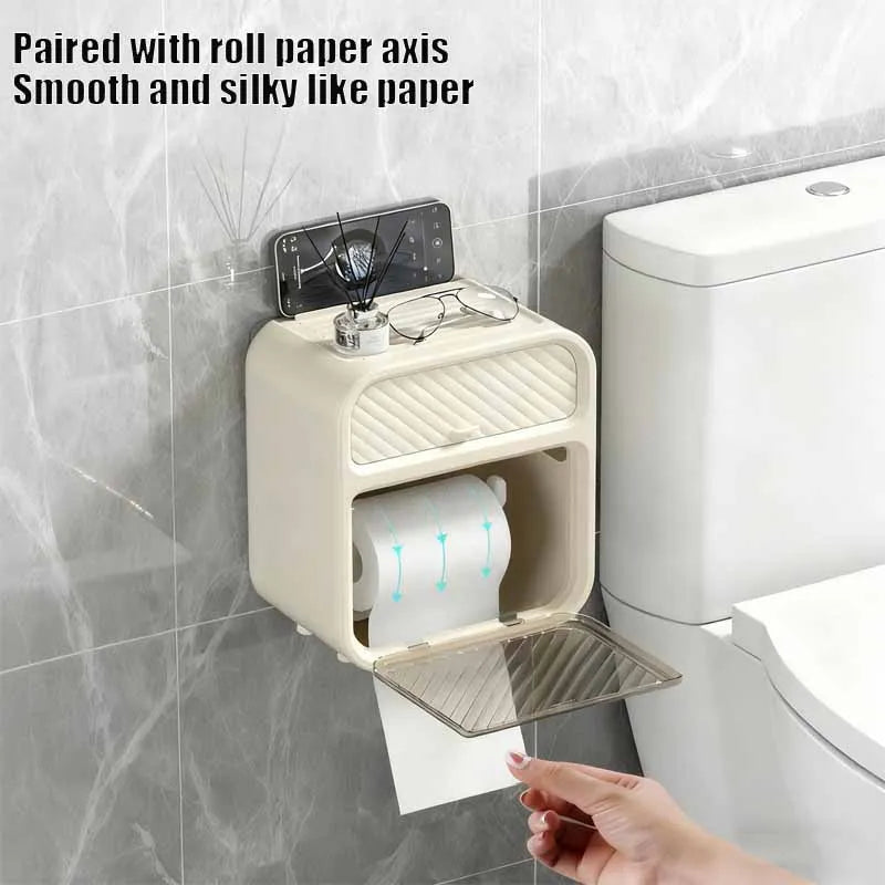 Waterproof Toilet Paper Storage Box Wall Mounted Tissue Holder with Storage Shelf – White