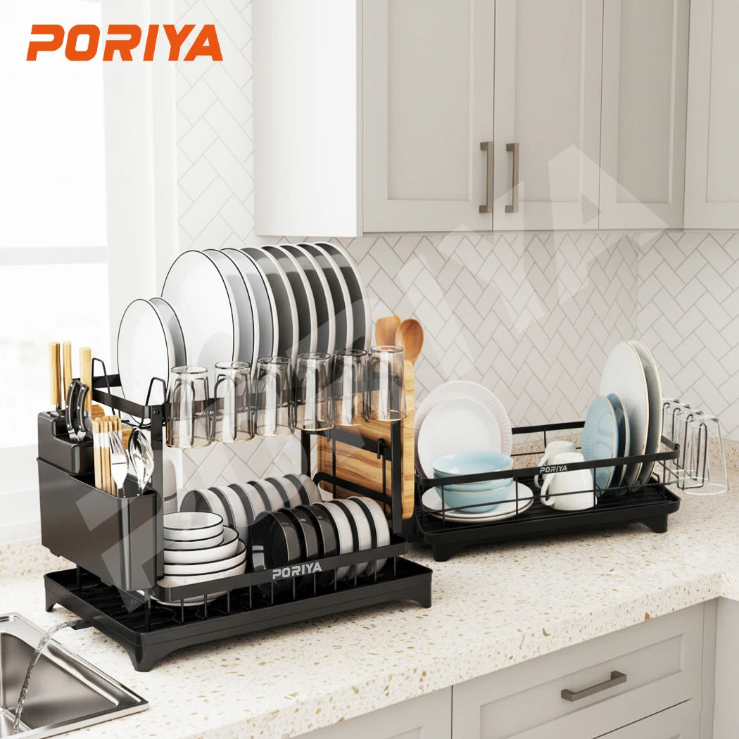Dish Drying Rack 2 Tier Carbon Steel Dish Drainer with Auto Drain Spout Kitchen