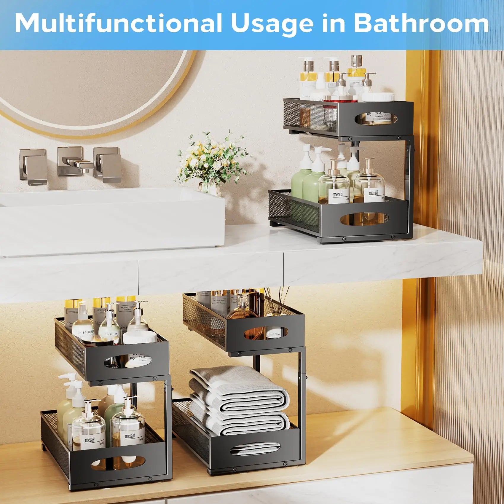 Under Sink Organizers and Storage – Adjustable 2 Tier Metal Pull-Out Cabinet Organizer – Bathroom, Kitchen, Pantry - Black