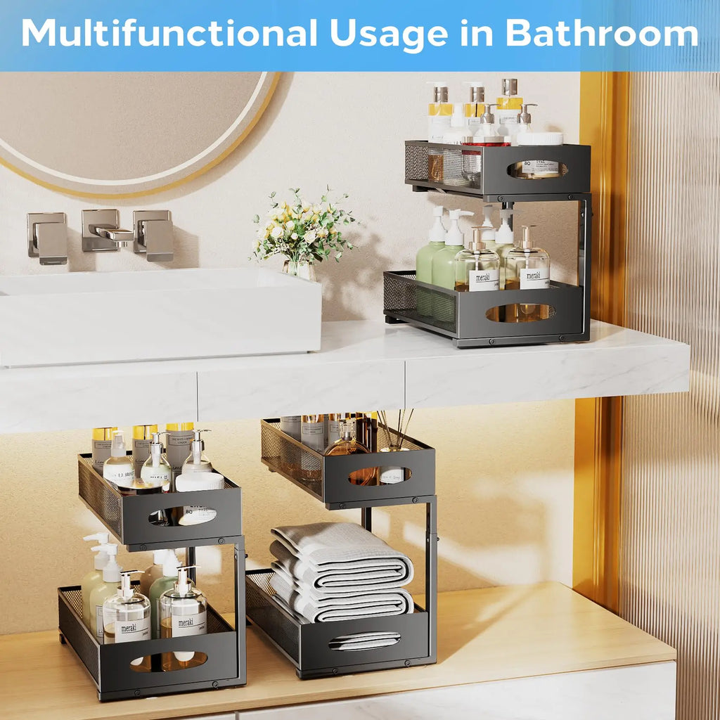 Under Sink Organizers and Storage – Adjustable 2 Tier Metal Pull-Out Cabinet Organizer – Bathroom, Kitchen, Pantry - White