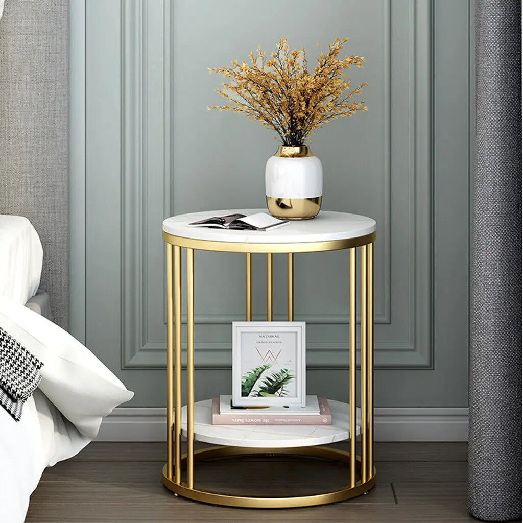 2-Tier Round Side Table with Marble-Style Top and Storage Shelf Gold and White