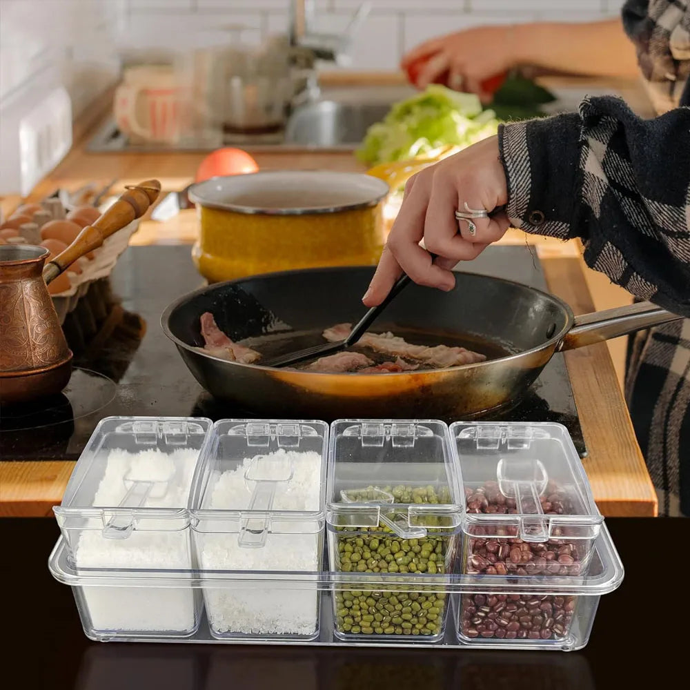4 Compartment Clear Seasoning Box Spice Storage Container with Lids and Spoons – Transparent