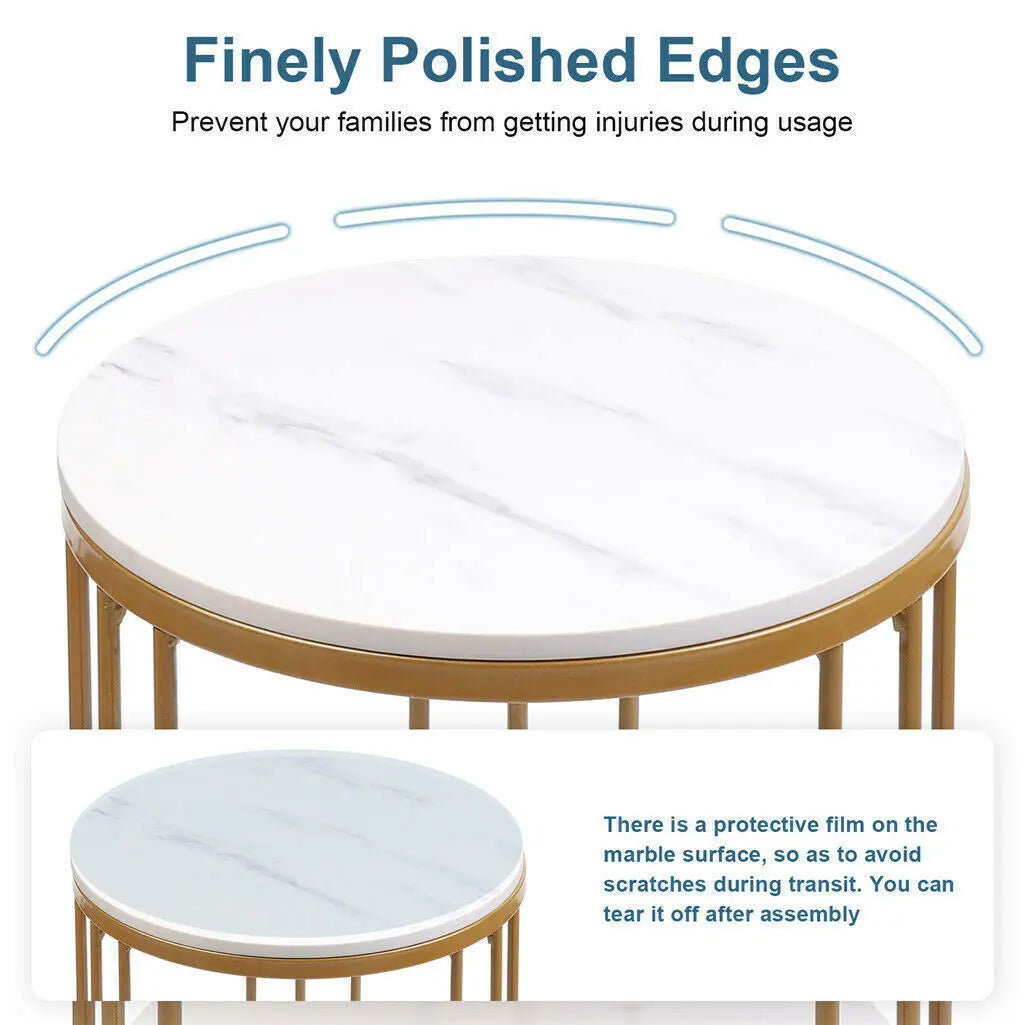 2-Tier Round Side Table with Marble-Style Top and Storage Shelf Gold and White