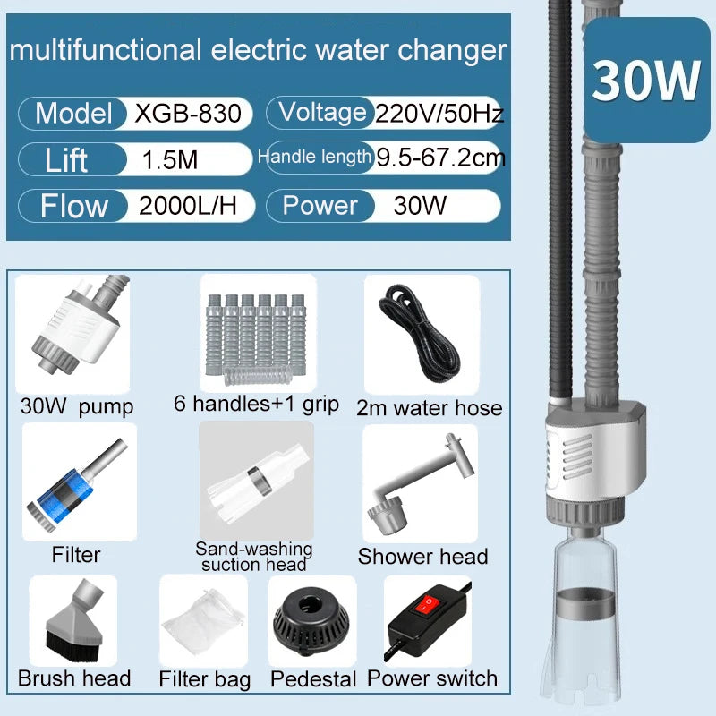 Aquarium Water Change Pump 30W Electric Fish Tank Cleaner 2000L per Hour Gray