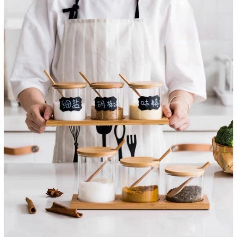 Spice Jar Set 3 Piece Glass 30 cm Bamboo Lid Containers with Spoons for Salt Sugar and Seasonings