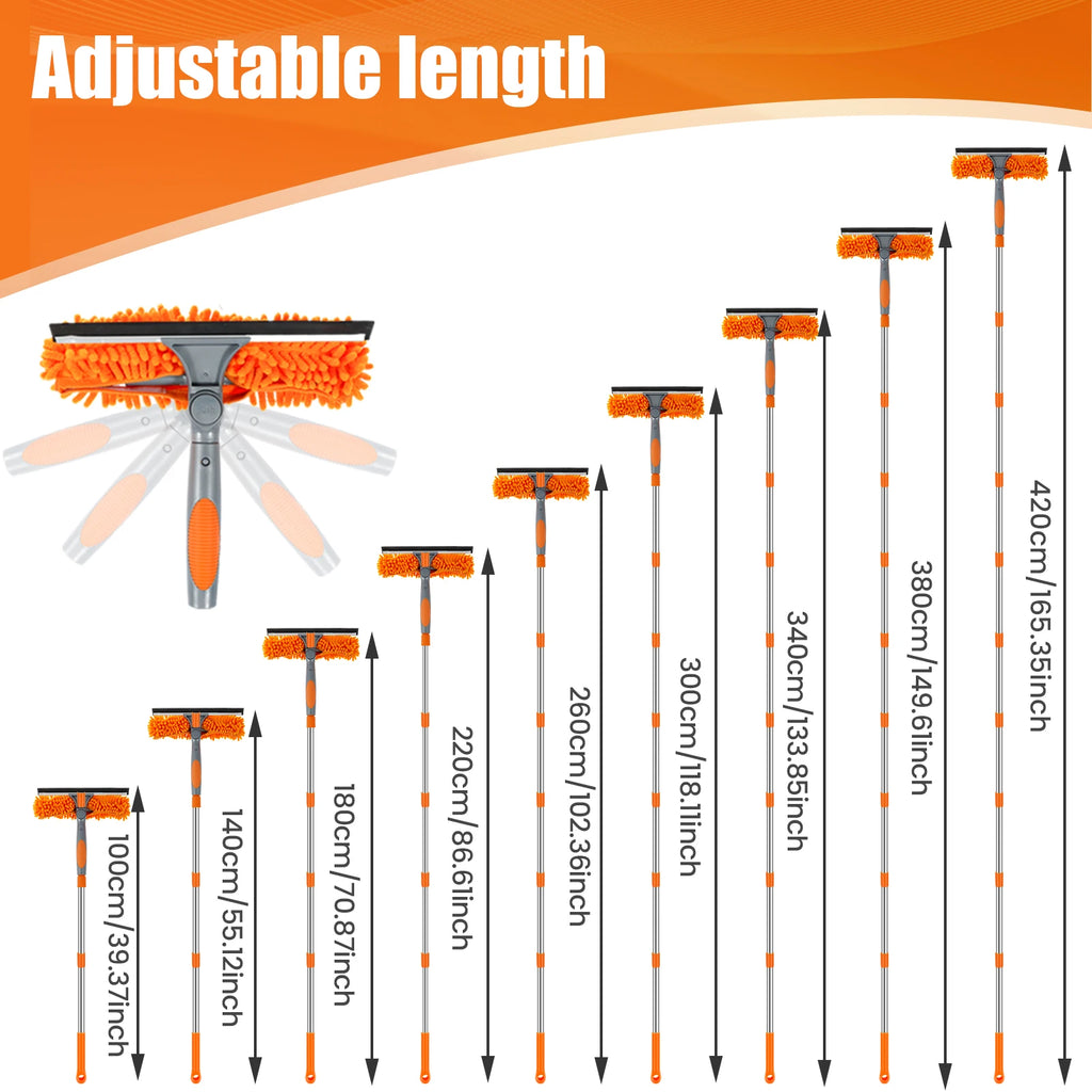 Window Cleaning Kit Extendable 2 in 1 Squeegee Mop 420cm Adjustable Pole with Microfiber Head - Orange