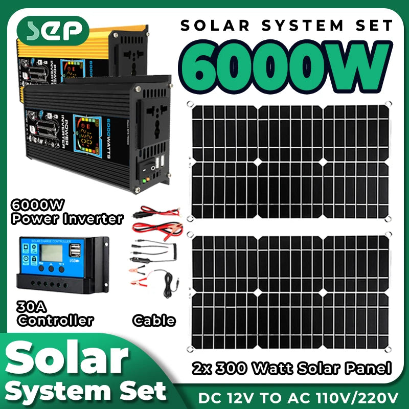 Solar Panel Kit 500W Inverter 2 × 300W Folding Solar Panels 30A Controller 12V to 220V – Black