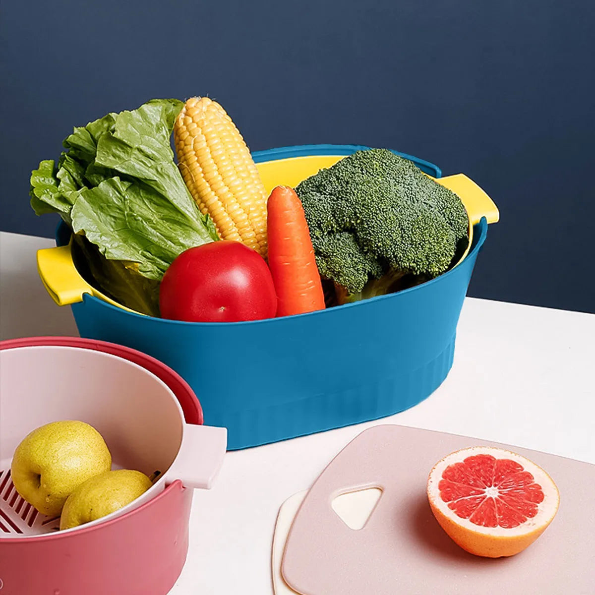 Double Layer Vegetable Basket 34.5cm Plastic Fruit Strainer Quick Drain - Blue