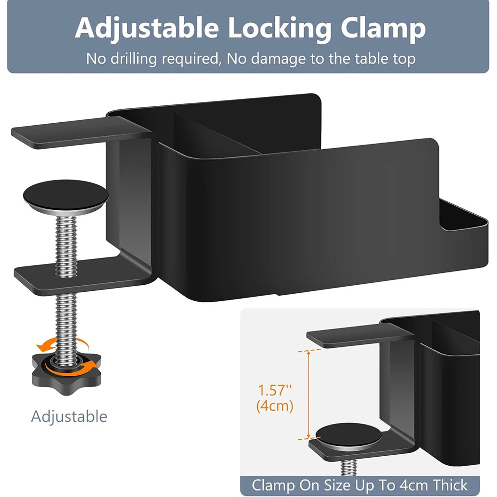 Under Desk Storage Cabinet with Cup Holder and Phone Stand Clamp-On Desk Organizer No Drill Installation – Black