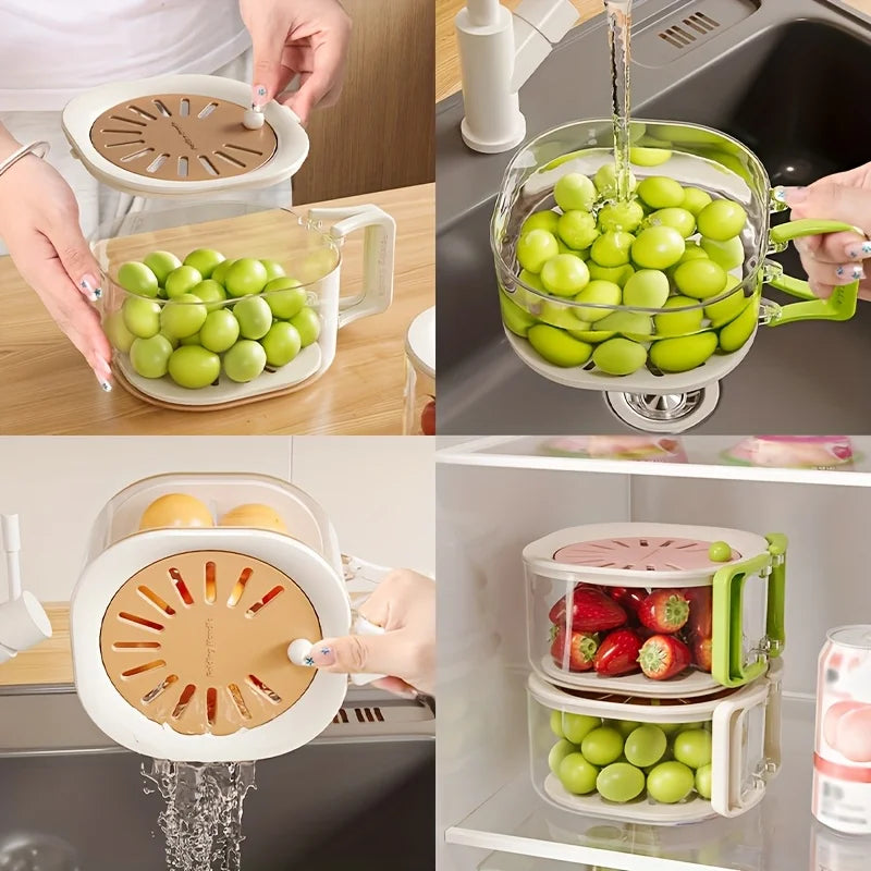 2 Layer Kitchen Colander and Fruit Strainer with Lid Multifunctional Vegetable Washing Bowl with Handle – Blue
