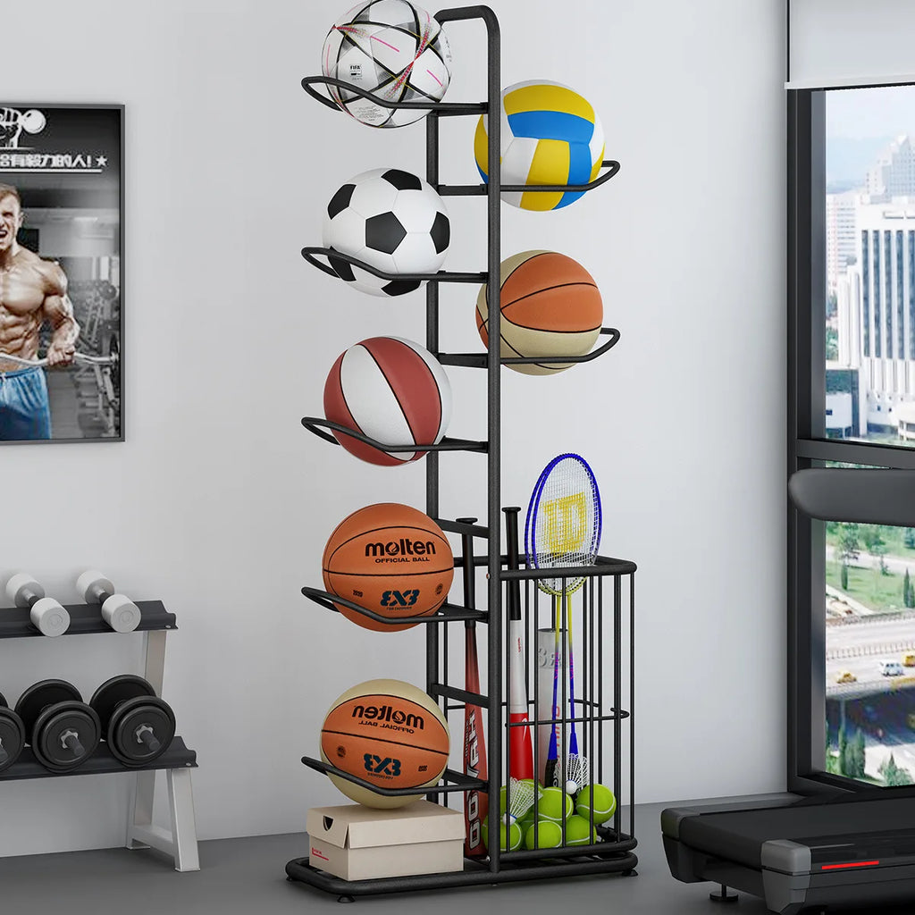 Heavy Duty 5 Tier Ball Storage Rack 146 cm Carbon Steel Floor Stand Sports Equipment Organizer – Black