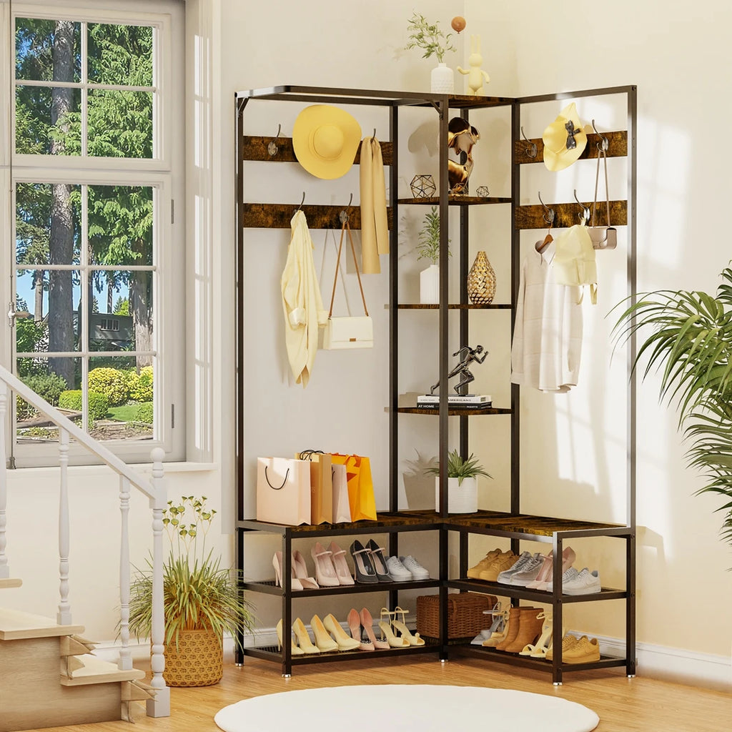 Heavy Duty Hall Tree Coat Rack with Shoe Bench and Shelves Freestanding Entryway Organizer - Black