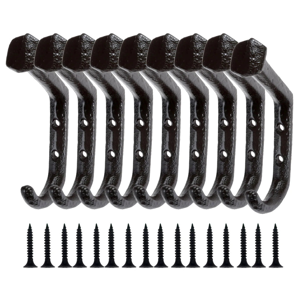 8 Pack Cast Iron Wall Hooks Heavy Duty Rustic Coat Hooks for Clothes Hats Bags and Towels – Black
