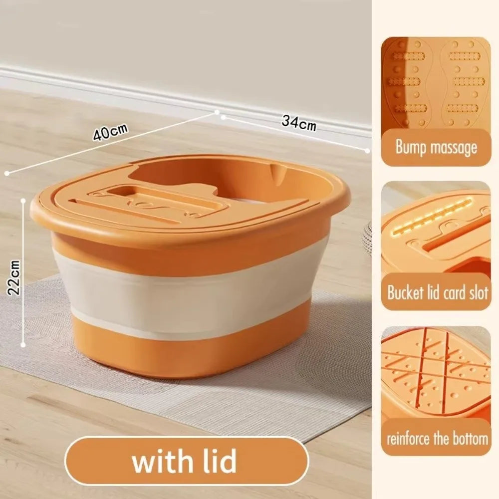 Portable Foldable Foot Bath Tub With Lid Plastic Foot Wash Basin - Beige