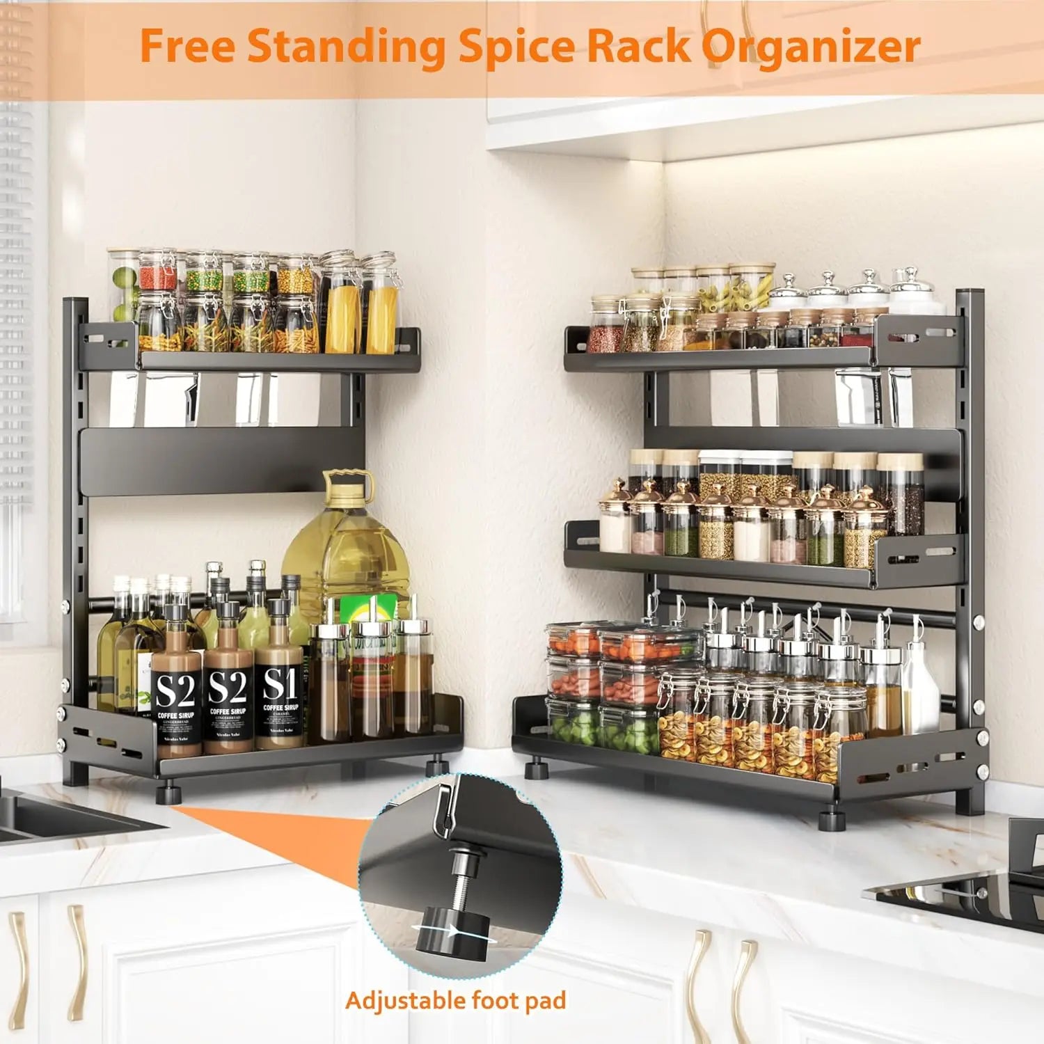 Spice Storage Rack 3 Tier Adjustable Metal Countertop Organiser with Drawer Shelf