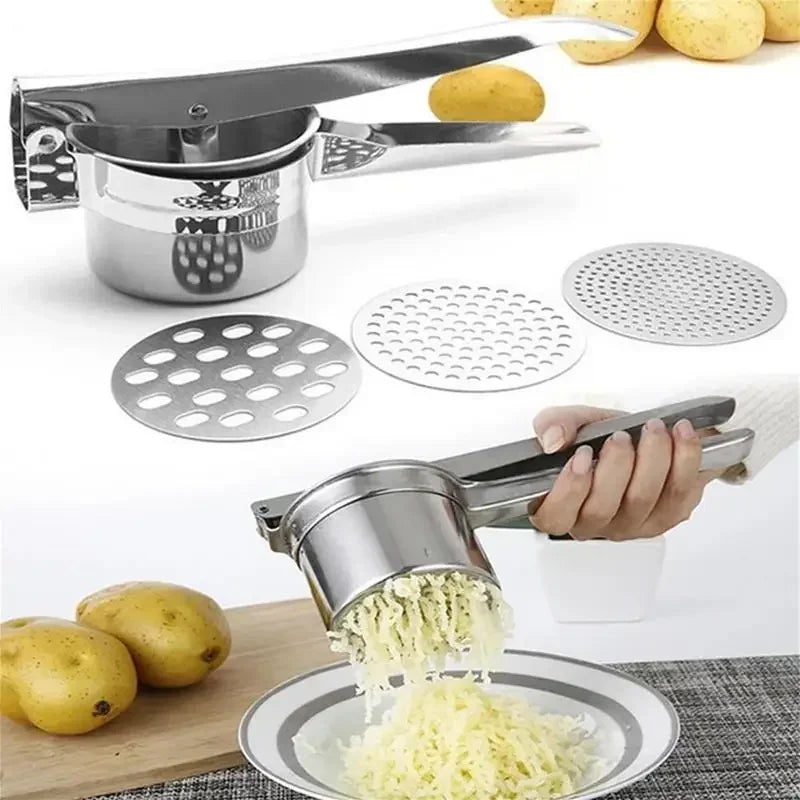 Stainless Steel Potato Ricer Manual Masher with 3 Interchangeable Discs – Red