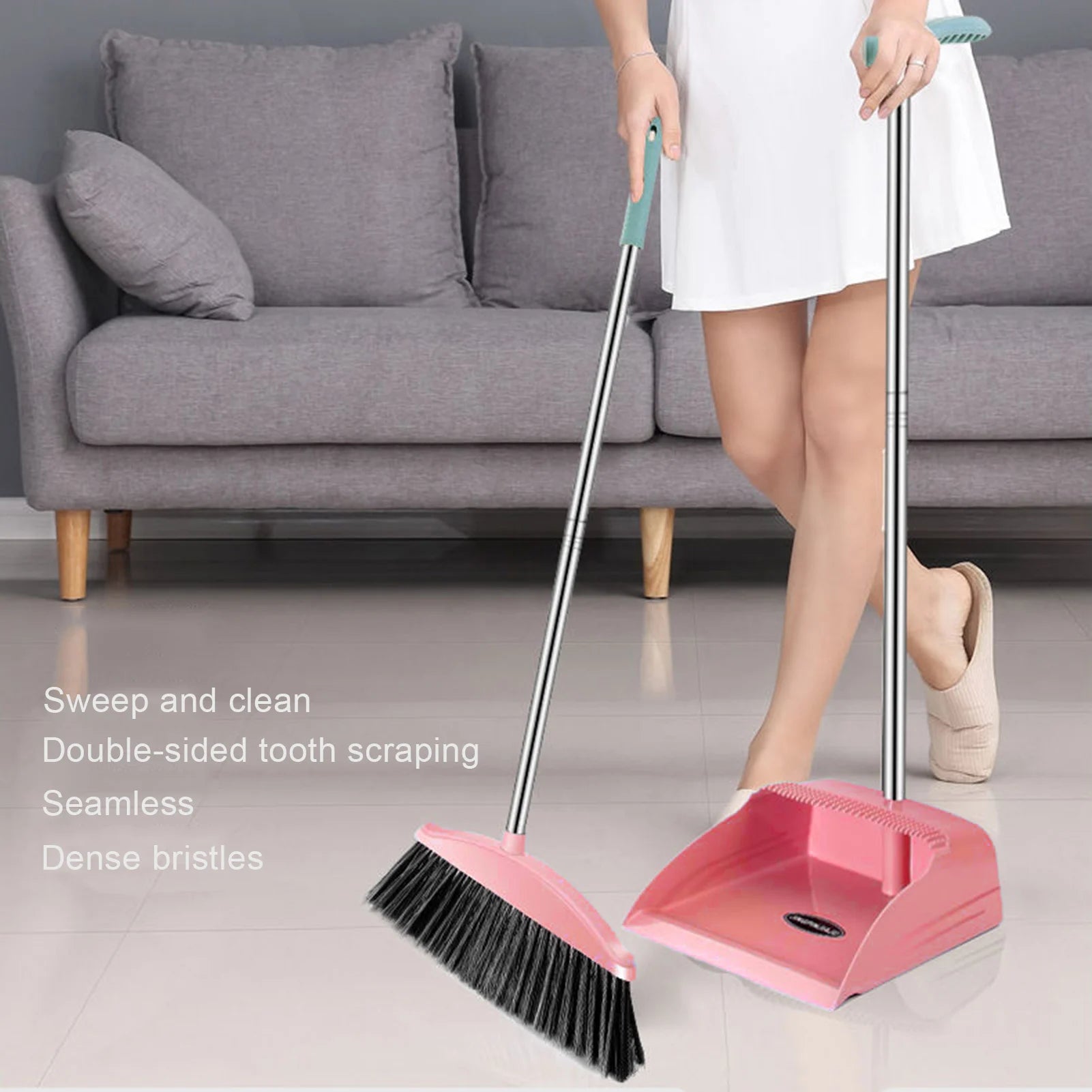 Broom and Dustpan Set Long Handle Folding Dustpan Stand-Up Storage Cleaning Tool Pink