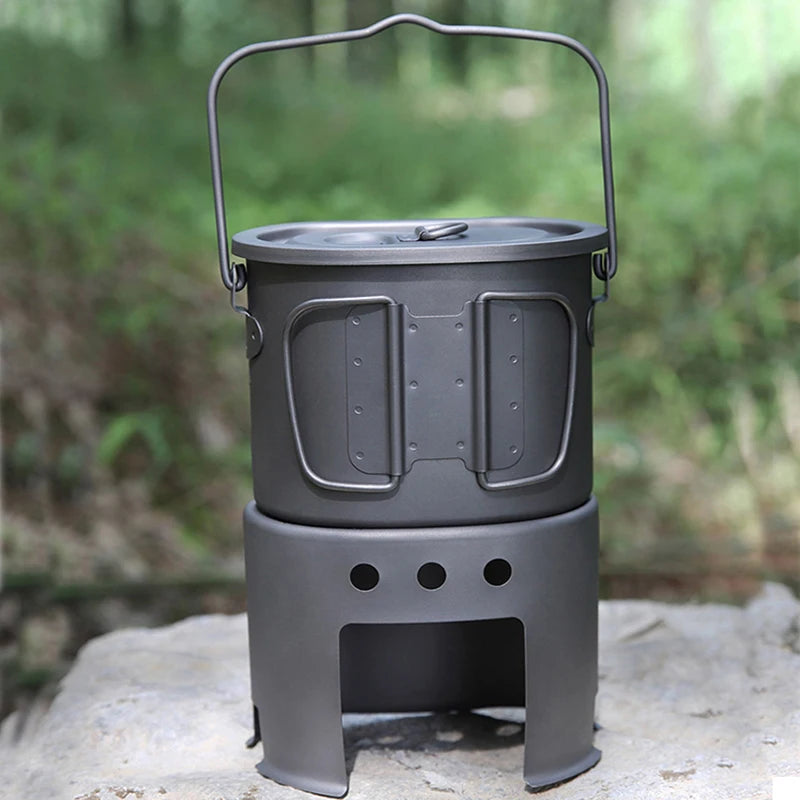 Titanium Cookware Set Portable Camping Wood Stove with Pot - Grey