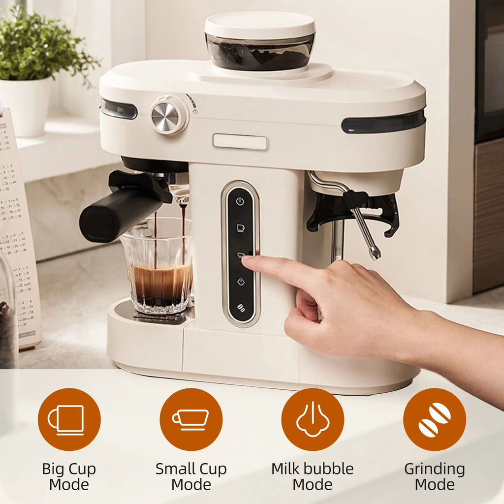 Coffee Machine Semi Automatic Espresso Maker with Grinder and Steam Wand – White
