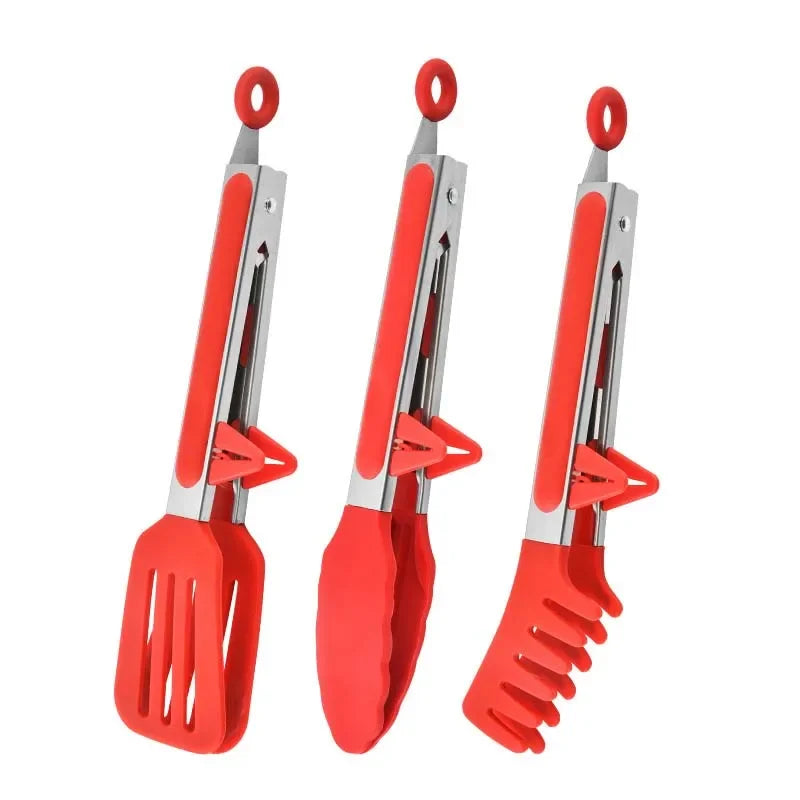 Food Tongs Stainless Steel Silicone Nylon Non Slip Cooking Serving BBQ Salad Clip - Red