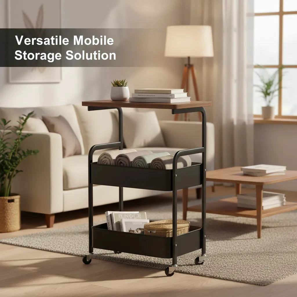 Heavy Duty Steel Rolling Storage Cart – Multi-Tier Utility Organizer with Locking Wheels for Kitchen, Office, Dorm, Bathroom, Bedroom Black