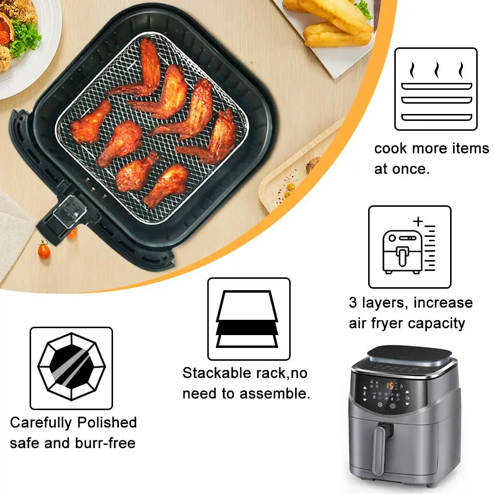 Air Fryer Rack Set 3 Tier Stackable 304 Stainless Steel Dehydrator Grill Basket Square