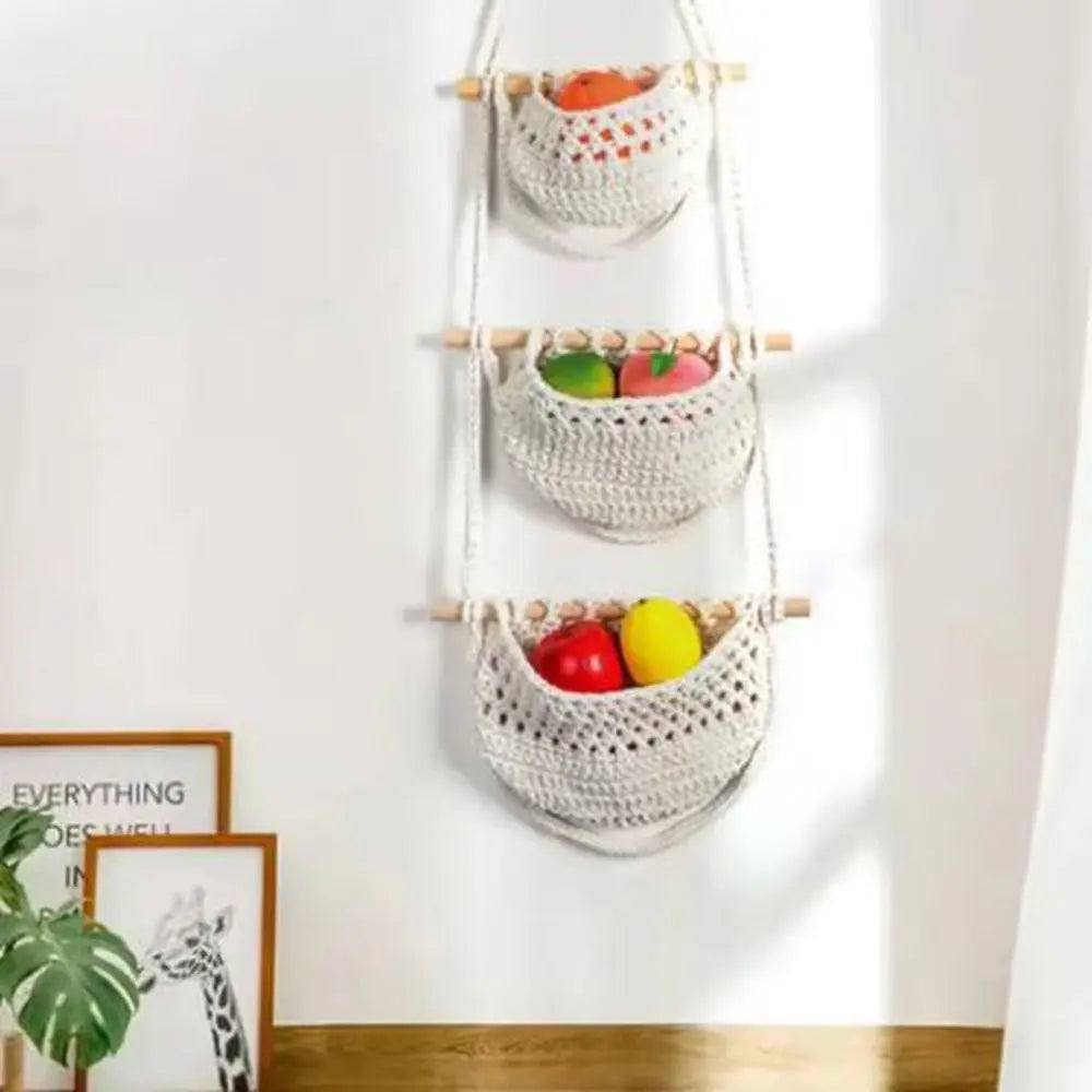 3 Tier Cotton Rope Hanging Storage Basket Wall Mounted Organizer – Beige