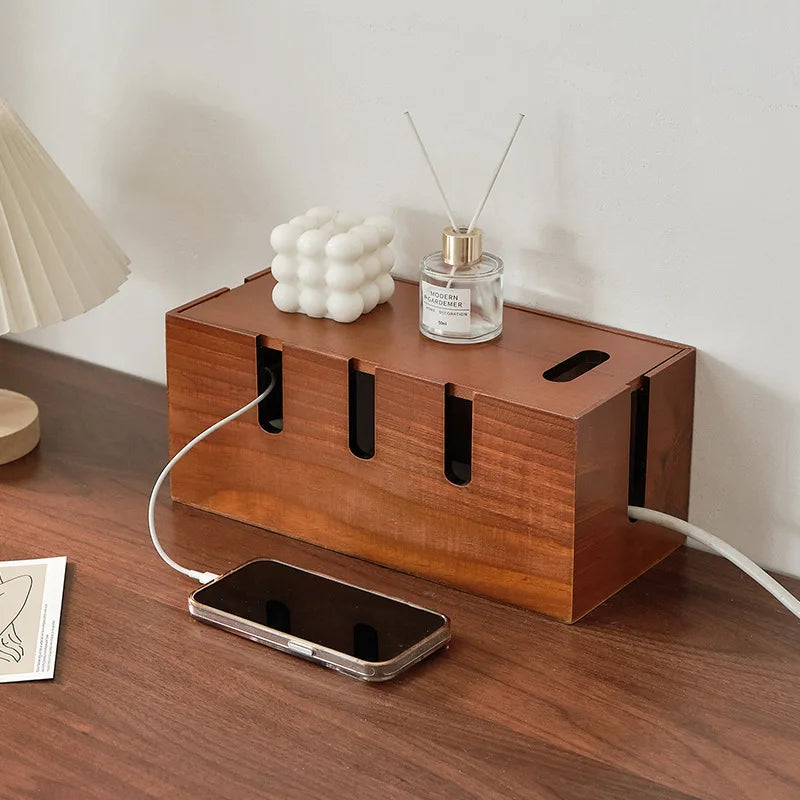 Cable Storage Box 30.5 cm Wooden Desktop Organiser with Lid for Power Cords and Charging Accessories
