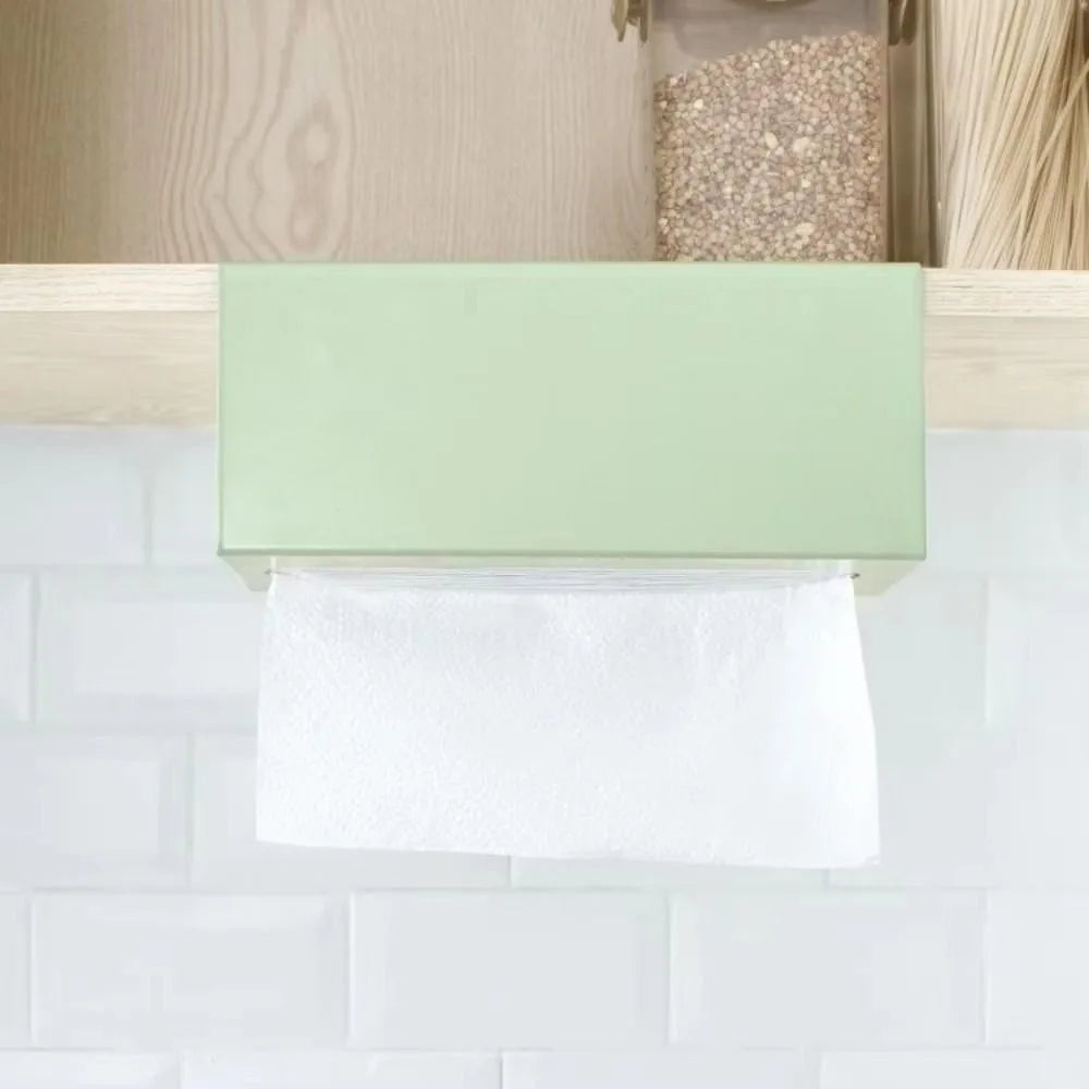 Tissue Box Holder 23cm Under Cabinet Drill-Free Iron Paper Towel Storage Rack - Green