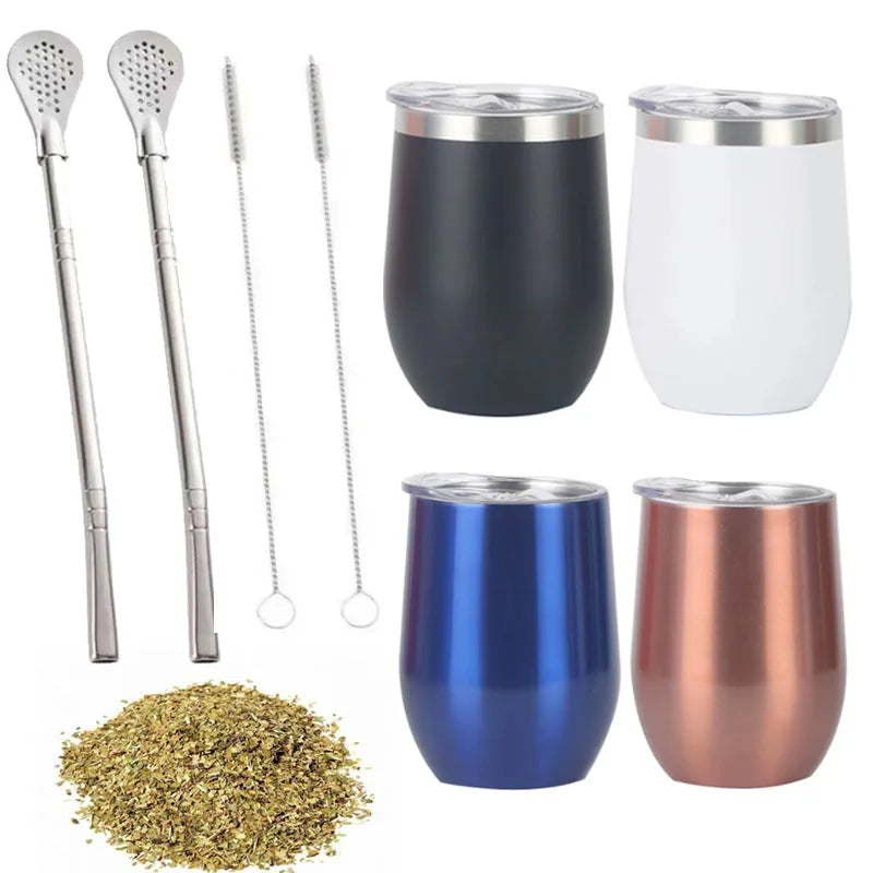 5 Piece Yerba Mate Cup Set 350ml Double Wall Stainless Steel Tea Mug with Straw and Cleaning Brushes – Black