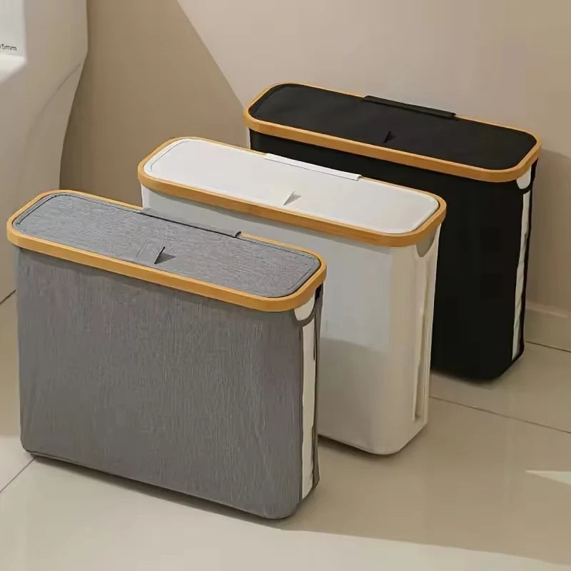 Toilet Paper Storage Basket 12 Roll Foldable Organiser with Bamboo Frame and Lid - Black