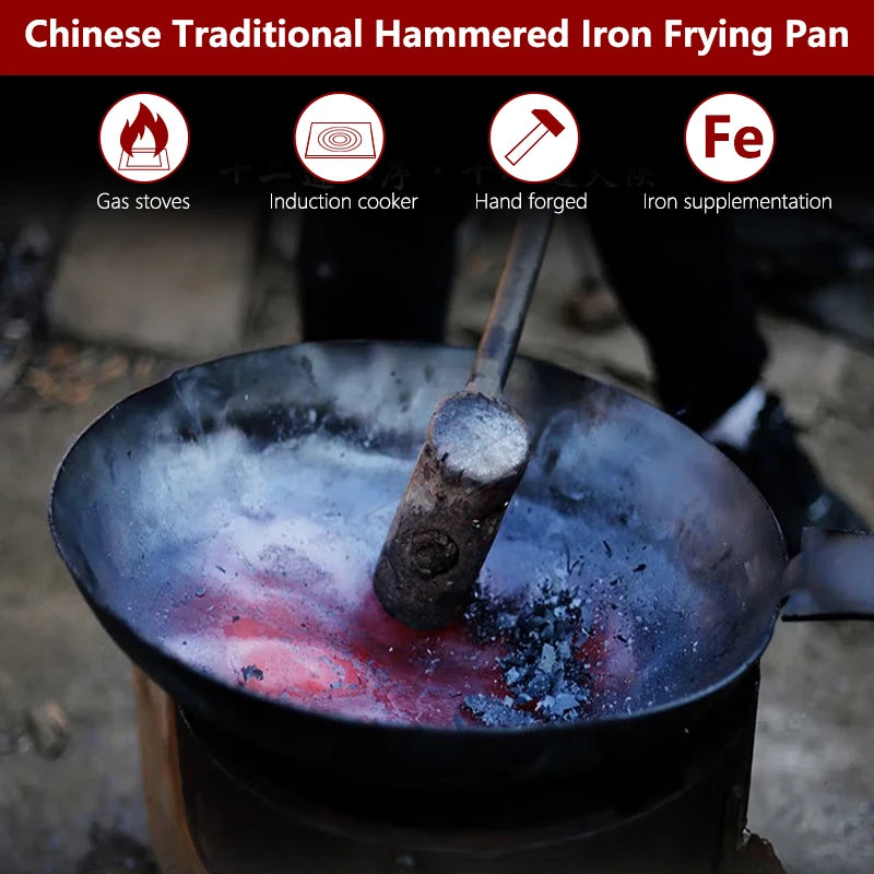 Iron Frying Pan 28cm Hand Hammered Uncoated Induction Compatible Skillet