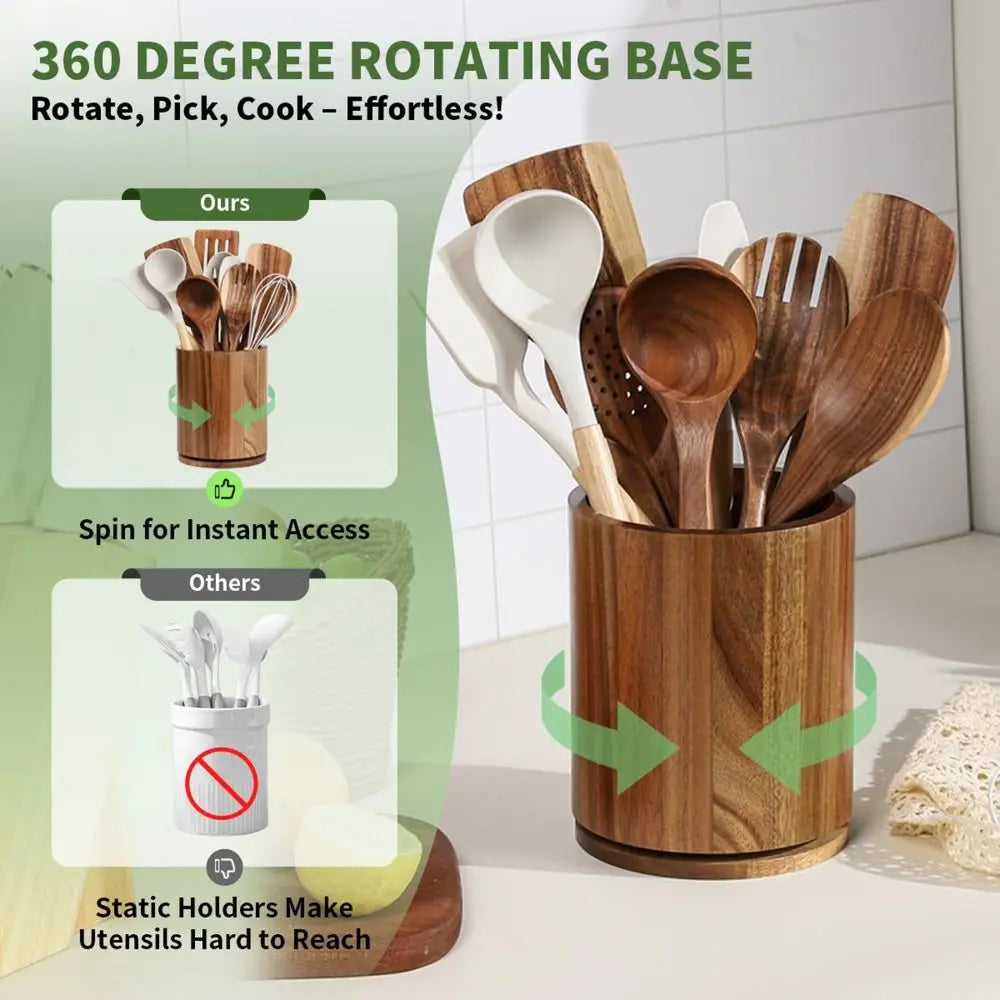 Utensil Holder 360° Rotating Wooden Kitchen Storage Rack Countertop Organiser - Natural Wood