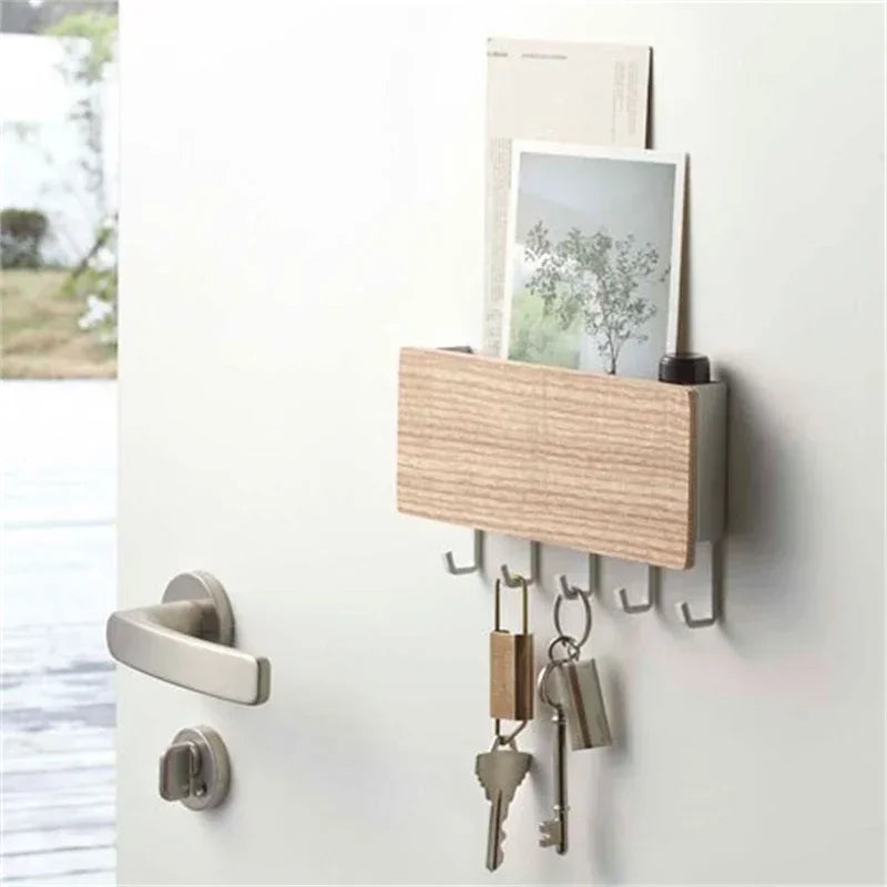 Wall Mounted Bamboo Key Holder Rack with 6 Hidden Hooks Entryway Organiser – White