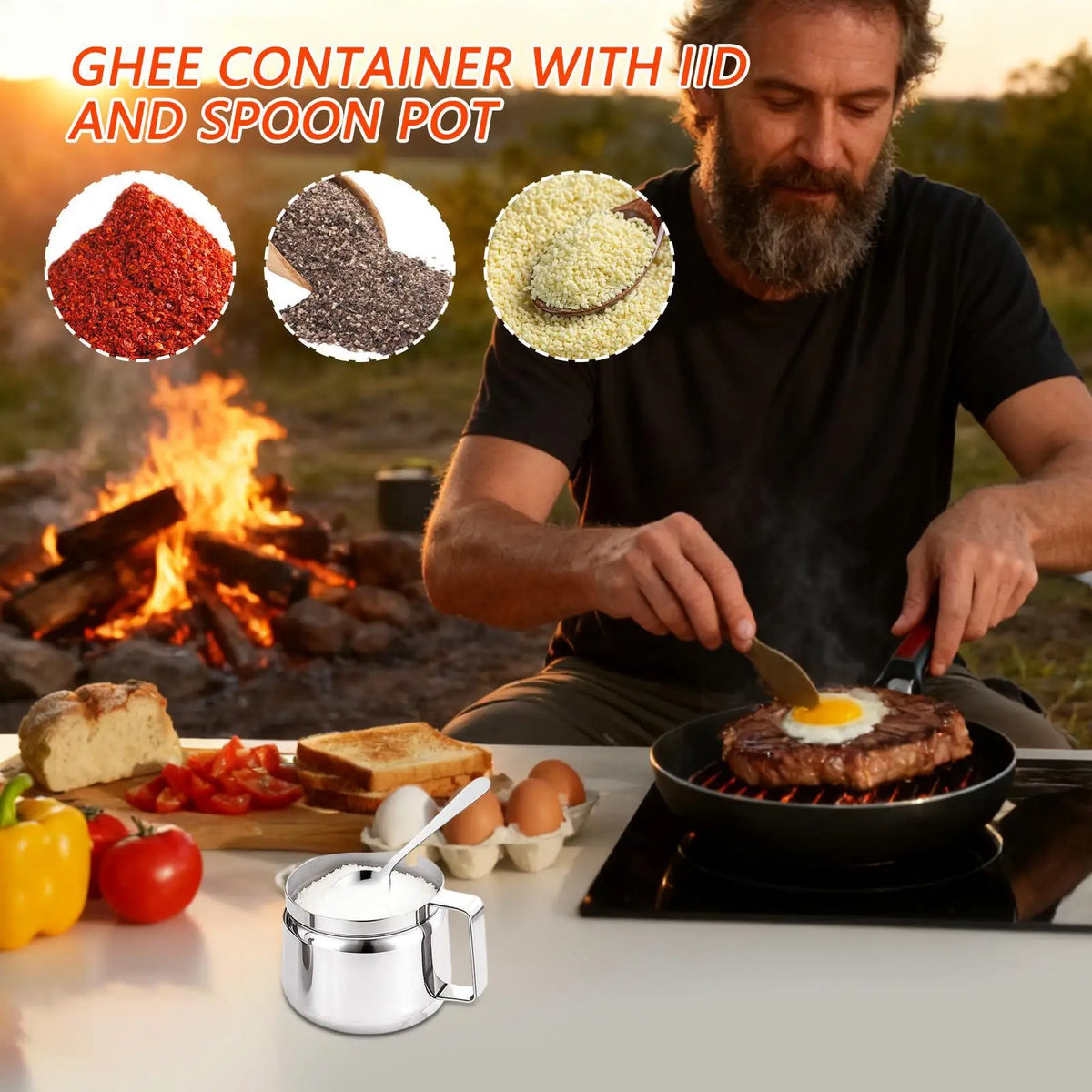 Ghee Container 500 mL Stainless Steel Storage Jar with Lid and Spoon for Kitchen Seasonings