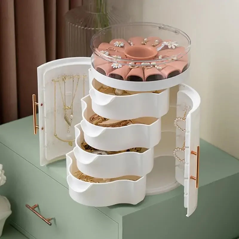 Rotating Jewelry Storage Box Desktop Organizer with Transparent Lid Multi-Layer Cosmetic and Accessories Holder – Blue