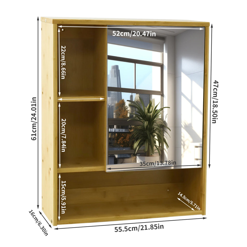 Wall Mounted Bamboo Bathroom Mirror Cabinet with Storage Shelves Medicine Cabinet Organizer – Natural Wood