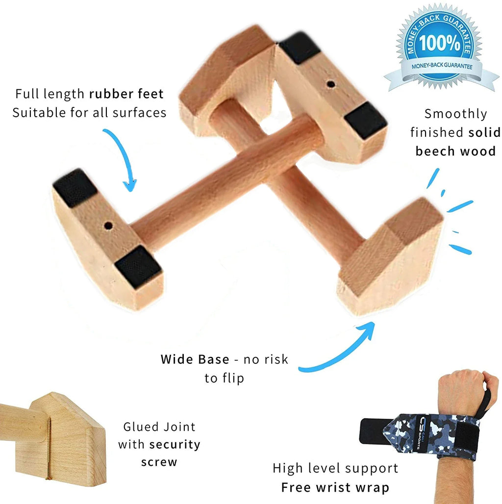 Wooden Push Up Bars Non Slip Parallettes Stand Heavy Duty Home Strength Training - 1 Pair