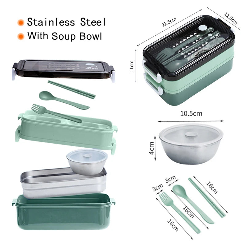 Lunch Box 3 Compartment Stainless Steel Leak Resistant Food Container Microwave Compatible – Green