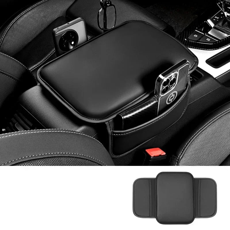 Armrest Cushion Adjustable PU Leather Centre Console Pad with Storage Pocket Elbow Support - Black