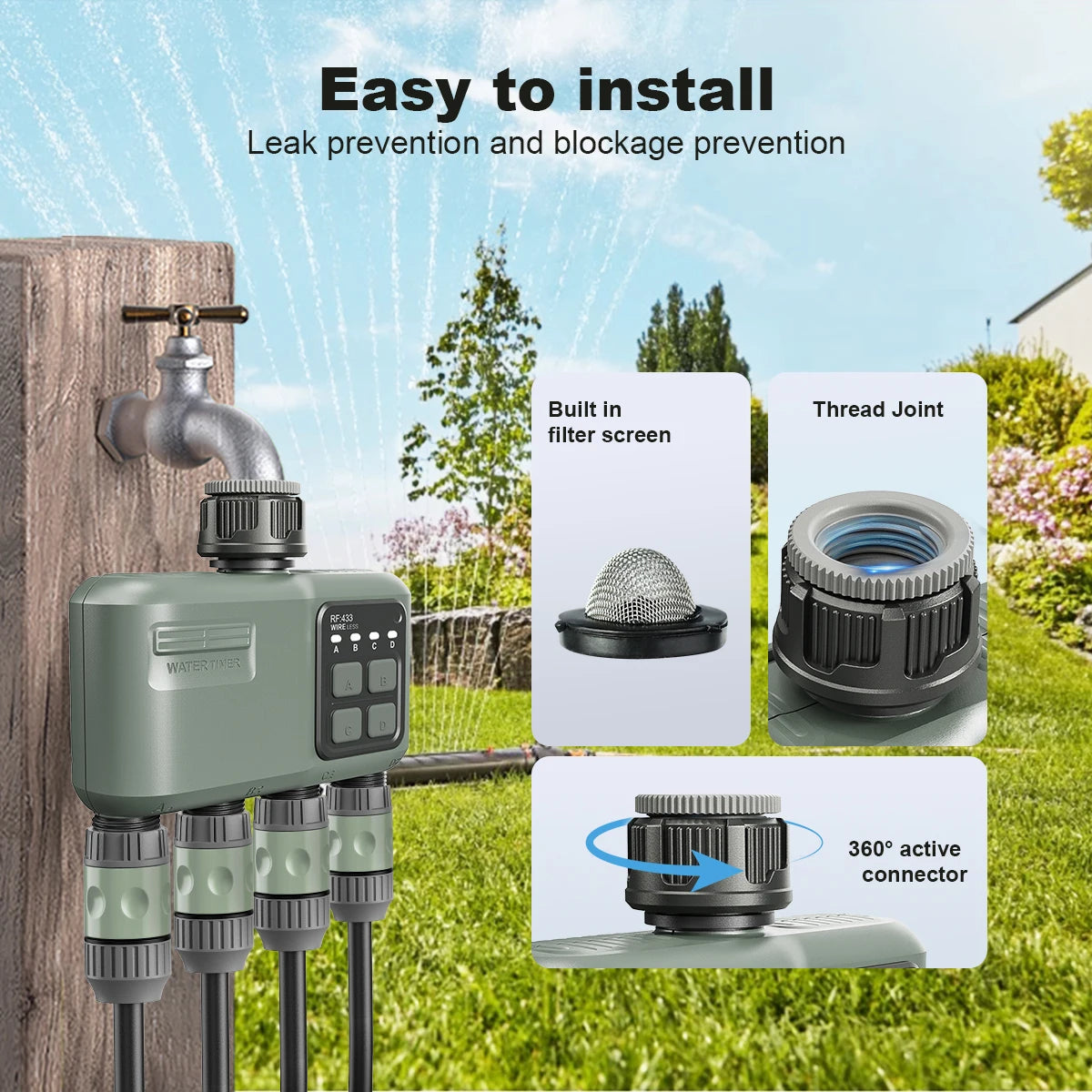 Smart WiFi RF433 Garden Sprinkler Water Timer 4 Outlet Programmable Automatic Irrigation Controller with Rain Delay