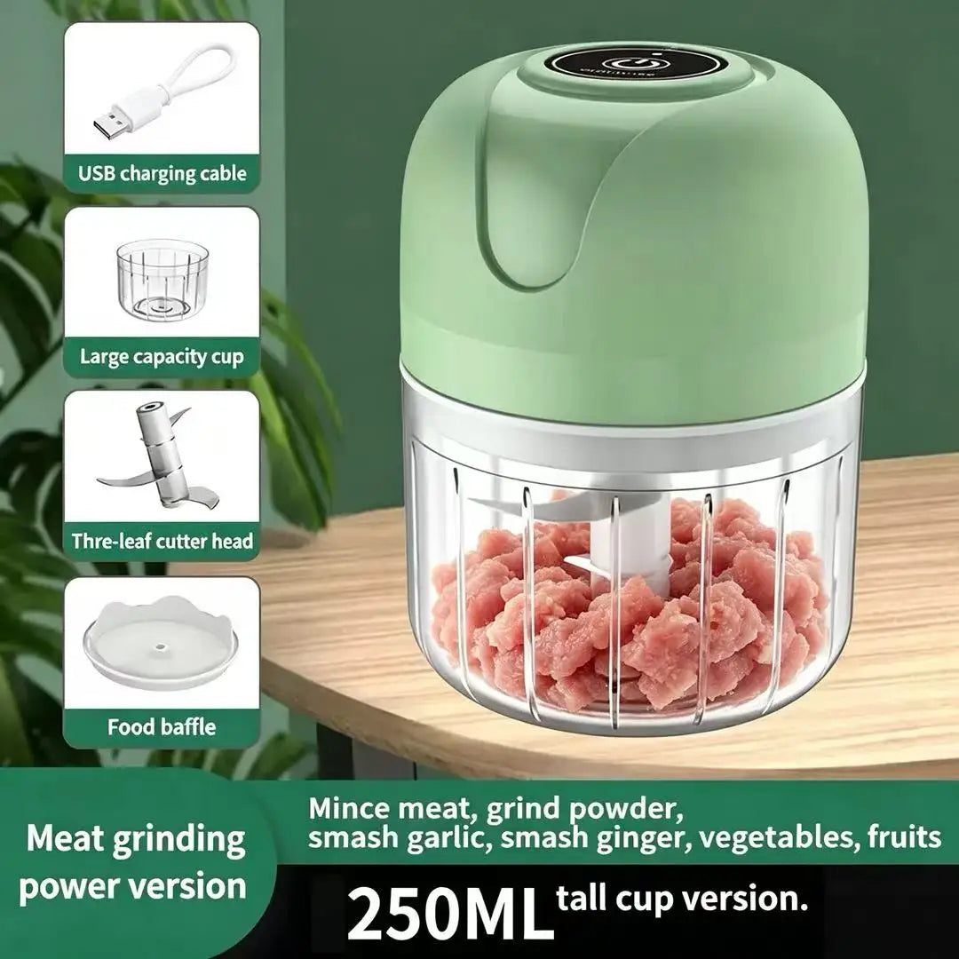 Electric Garlic Chopper 250ml 23W USB Rechargeable Mini Food Processor with Stainless Steel Blade - Green